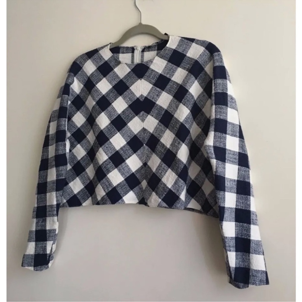 Zara Plaid Long Sleeve Crop Top  - Black and White
